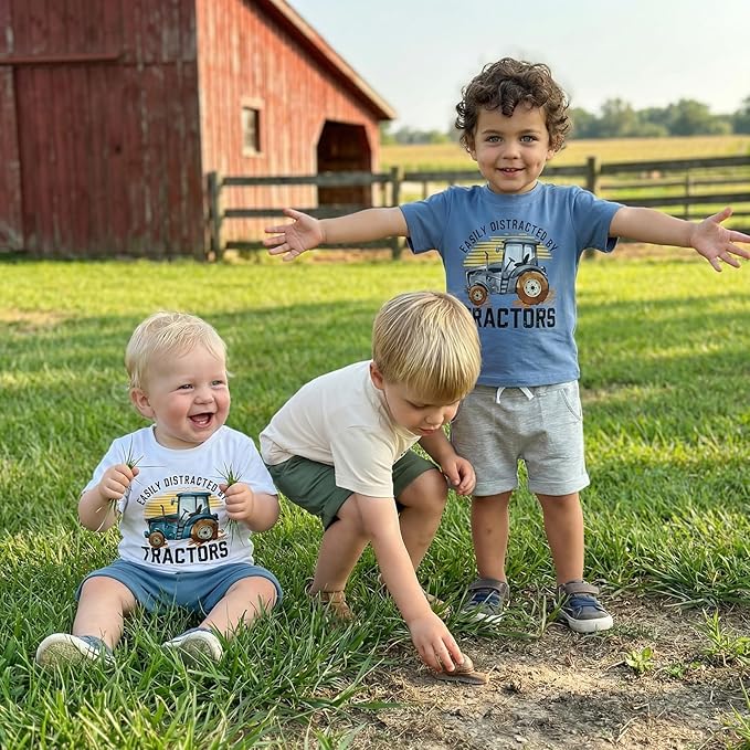 Toddler Baby Boy Clothes Summer Short Sleeve Trucks Tractors Print T-Shirt Tops Solid Color Shorts Set Casual Outfit