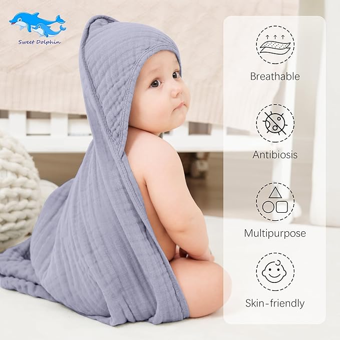 SWEET DOLPHIN Muslin Hooded Baby Bath Towels - 2 Pack 100% Cotton Towel for Babies, Infants, Toddlers - 32x32Inch - Highly Absorbent and Newborn Essential, Grey