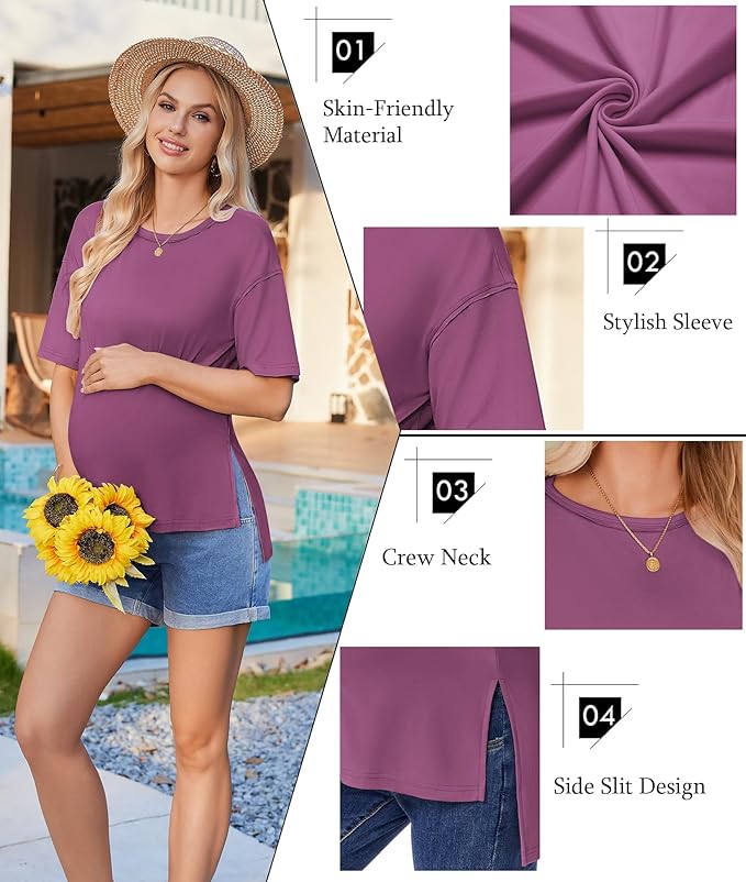 Ekouaer Maternity Shirts 3 Packs Short Sleeve Womens Oversized Pregnancy Tops Split Side Postpartum Blouse Clothes S-XXL