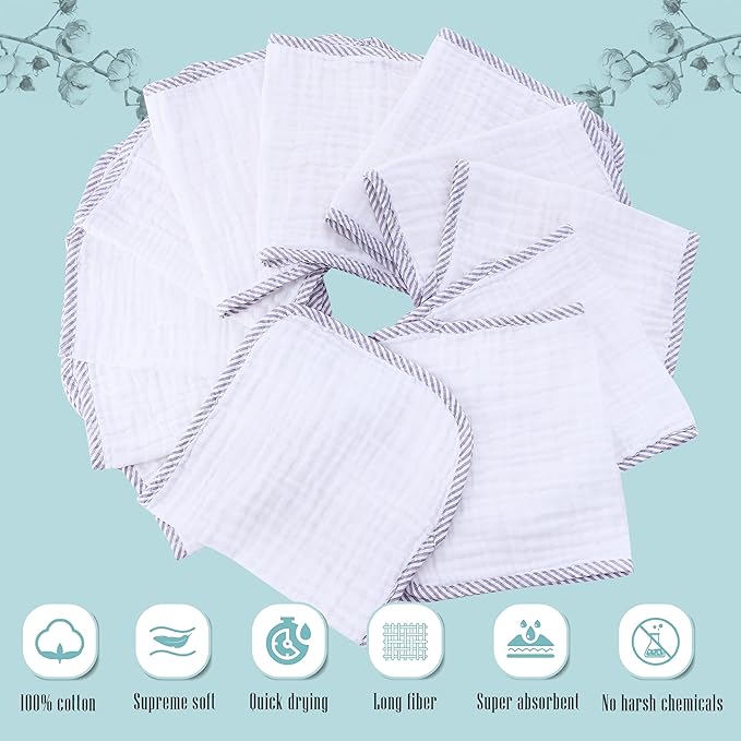 Cute Castle 12 Pack Muslin Burp Cloths for Baby - Ultra-Soft 100% Cotton Baby Washcloths - Large 20'' by 10'' Super Absorbent Milk Spit Up Rags - Burpy Cloths for Unisex, Boy, Girl - Stripe