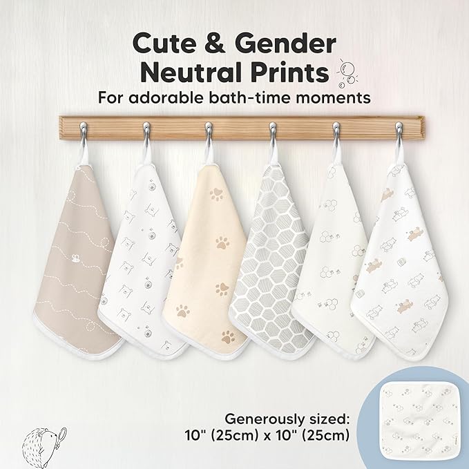 6-Pack Cotton Baby Washcloths for Newborn - Organic Cotton Muslin Soft Wash Cloths for Babies, Infant, Kids,Toddler Towels for Boy,Girl,Super Absorbent Face Cloths,Scratch-Free Baby Rags (Bumbly)