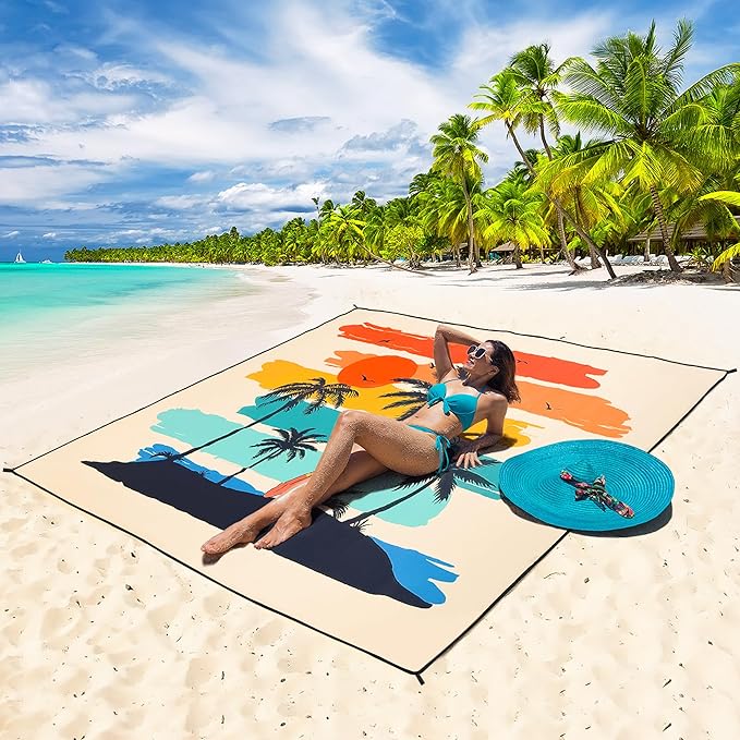 Beach Blanket Waterproof Sandproof Beach Mat 79" X 83"/10'x9'for 2-8 Adults Quick Drying Outdoor Picnic Mat Beach Accessories for Travel, Camping, Hiking