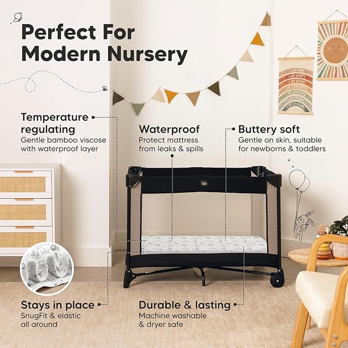 2-Pack Waterproof Pack and Play Sheets, Mini Crib Sheets Fitted for Boy, Girl - 38 x 26 Viscose from Bamboo Pack N Play Mattress Sheets for Graco, Toddler Playard Baby Crib Sheets Neutral (KeaSafari)