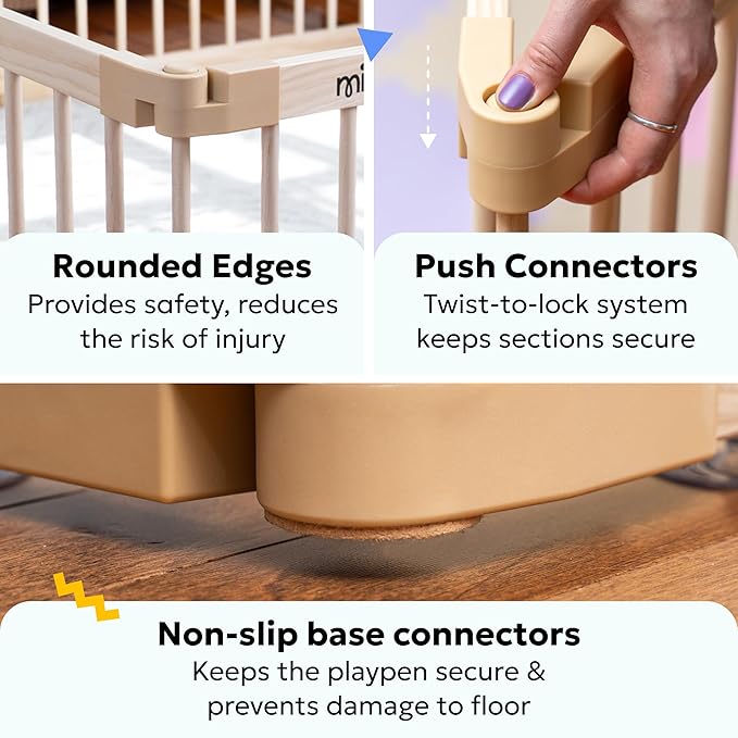 Miotetto Baby Playpen, Wooden Playpen for Babies and Toddlers, Foldable Fence with Montessori Activity Panel, Storage Basket & Gate, Portable, Easy to Assemble Baby Play Pen Natural Wood Playyard