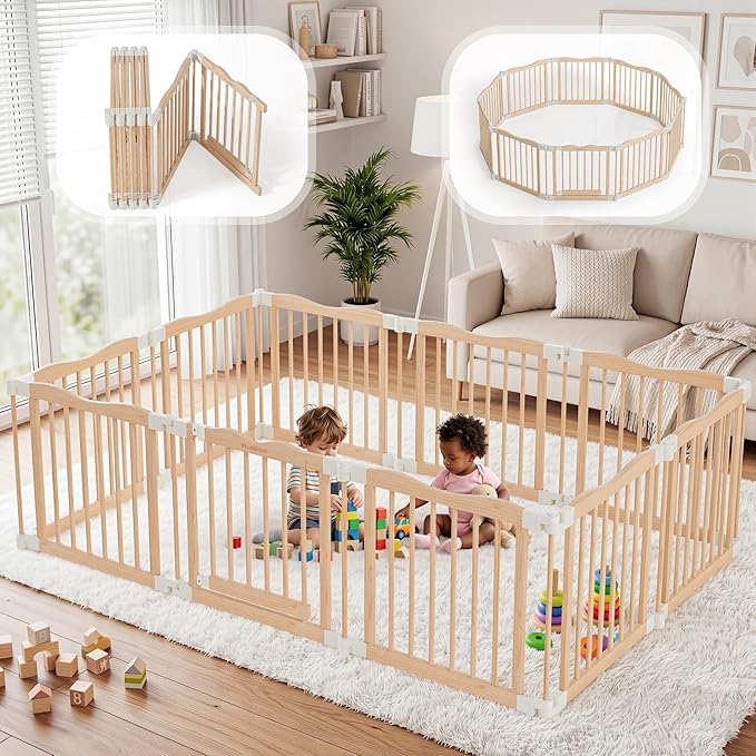 Foldable Wooden Playpen - Adjustable Wood Baby Play Yard with Door, Indoor Large Safety Fence for Babies and Toddlers - Easy Assembly, 83 x 55 x 24 inches, Nature Nest