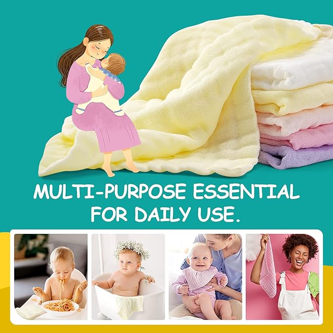 MUKIN Baby Muslin Washcloths, Natural Cotton, Soft Newborn Face Towel, 5 Pack, 12 x 12 inches (White,Pink,Yellow,Purple)
