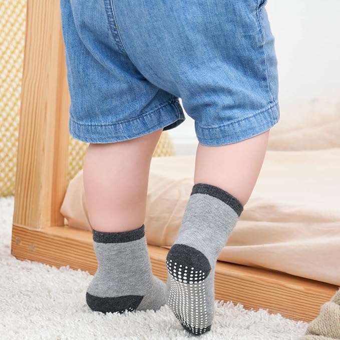ZAPLES Baby Non Slip Grip Crew Socks with Anti Skid Soles for Infants Toddlers Kids Boys Girls