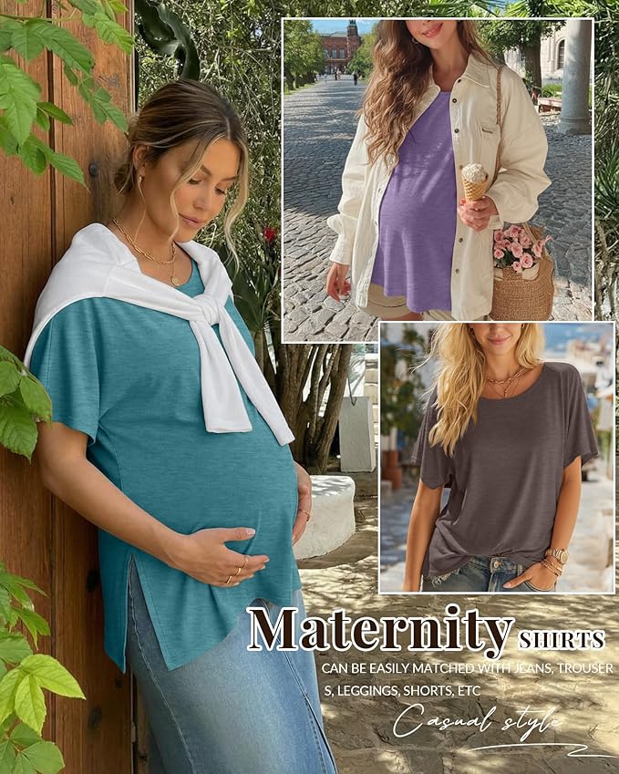 Riyiper 3 Pack Women's Maternity Tunic Shirts Cotton Summer Pregnancy Clothes Loose Oversized Split Side Blouse Tops