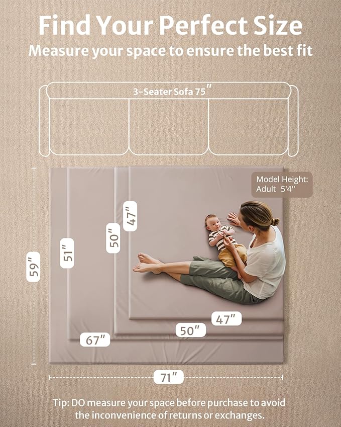 Blissful Diary Vegan Leather Baby Play Mat, 47x47 Thicken Foam Cushioned & Waterproof Playpen Mat for Infants and Toddlers, Stylish and Just Wipe-Clean Playmat for Baby Play on Floor, Taupe