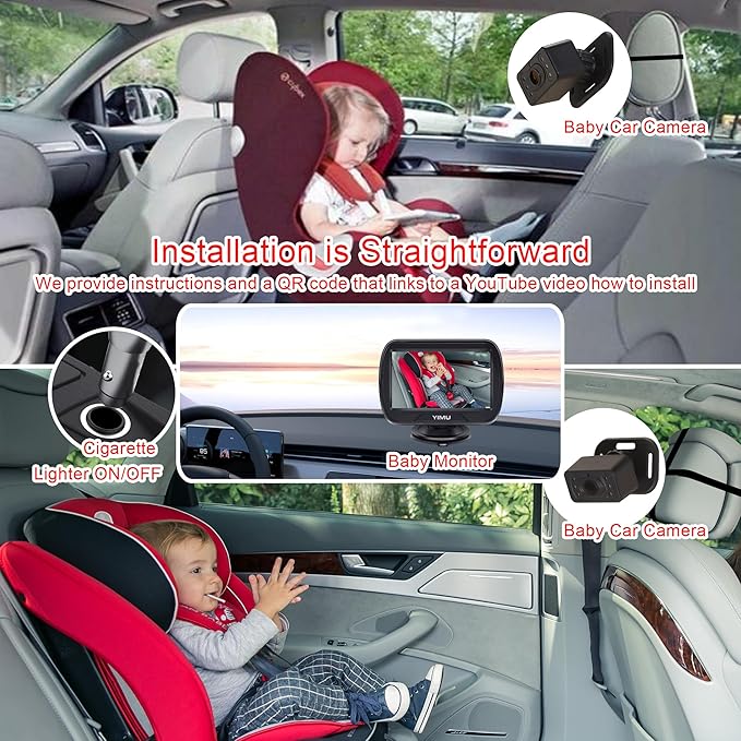 YIMU HD720P Rear Seat Baby Car Camera for Backseat, Car Headrest Quick-Install Monitor, Night Vision, 360° Rotatable car Camera for Baby with 4.3 inch car Baby Monitor (KB41)