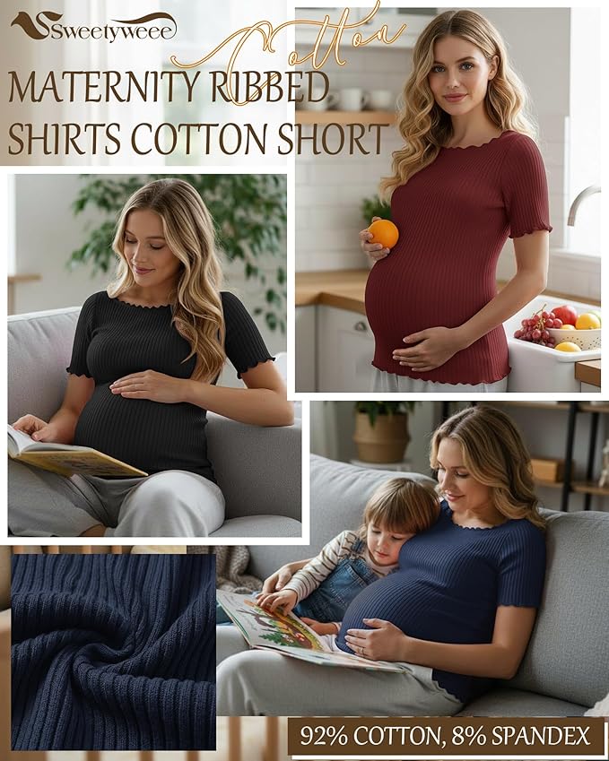 3 Pack Women's Maternity Ribbed Shirts Cotton Short Sleeve Pregnancy Tops Boat Neck Lettuce Trim Mama Clothes