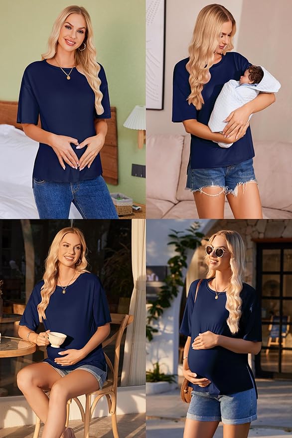 Ekouaer Maternity Shirts 3 Packs Short Sleeve Womens Oversized Pregnancy Tops Split Side Postpartum Blouse Clothes S-XXL