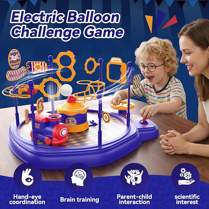 Electric Train Set Game Table for Kids & Adults, Floating Ball Toy with Adjustable Airflow, Interactive STEM Toys with Music & Lights, Hand-Eye Coordination & Focus Training Board Game Ages 6–13+