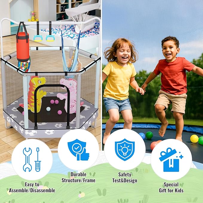 LAMERGE 55" 7-in-1 Round Trampoline for Kids Boys & Girls Ages 1-8, Indoor & Outdoor Trampoline for Fun, Adjustable Height Handrail ＆ Enclosed Safety Net ＆ Durable Designs for Toddlers Children