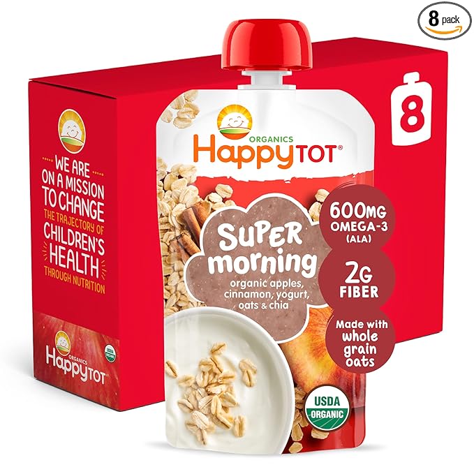 HAPPYTOT Organics Stage 4 Baby Food Pouches, Gluten Free, Super Morning Fruit & Oat Blend, Apple, Cinnamon, Yogurt, Oats & Chia, 4 Oz (Pack of 8)