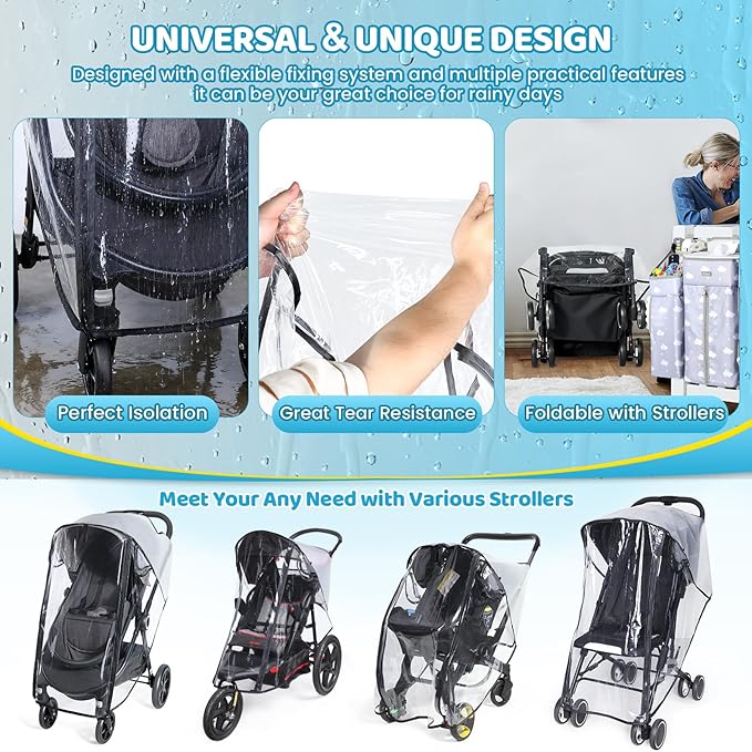 Clear Stroller Rain Cover, Universal Stroller Accessories, Waterproof Travel Weather Shield with Breathable Ventilation and Easy Access, Thick EVA & PVC Protect from Wind, Dust and Snow
