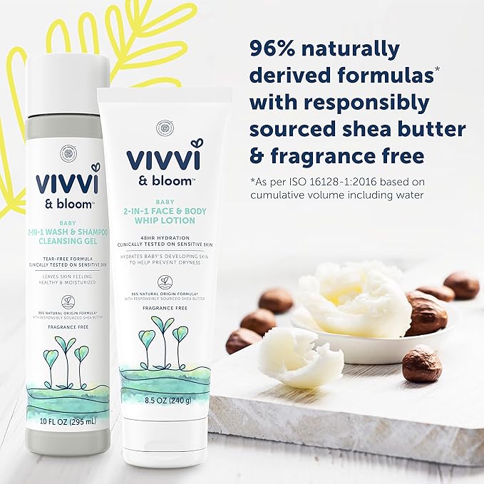 VIVVI & Bloom 2-in-1 Baby Lotion, Face and Body, for Delicate & Sensitive Baby Skin, Hypoallergenic Lotion, Fragrance Free, 8.5 oz (Pack of 1)