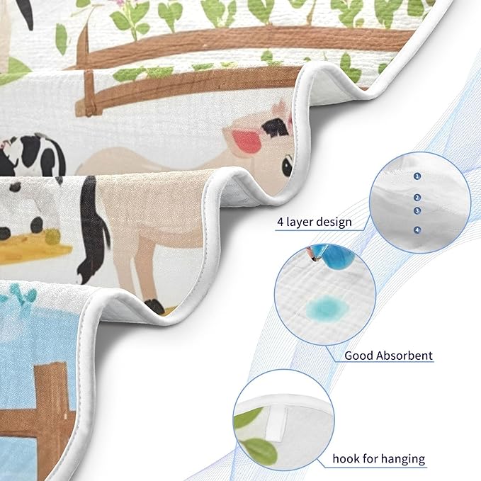 Burbuja Farm Animals Baby Bath Towel - Soft Absorbent Muslin Cotton Hooded Towel for Newborn Infant Toddler, 30x30 in