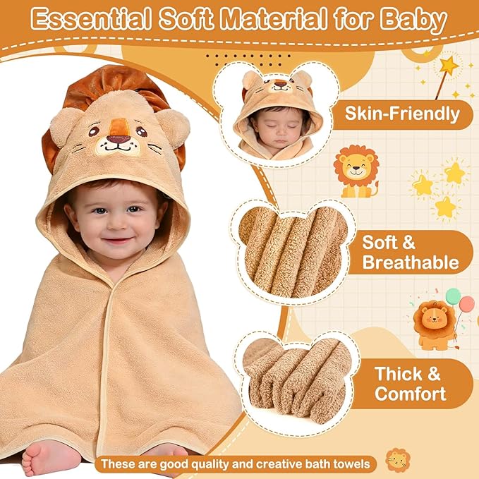 4 Pcs Baby Towels and Washcloths Set, Soft Hooded Bath Towel, 1 Baby Towel and 3 Baby Washcloths for Newborns, Toddlers, and Kids, 32x32 inch Baby Towel with Hood for Boy and Girl (Brown Lion)