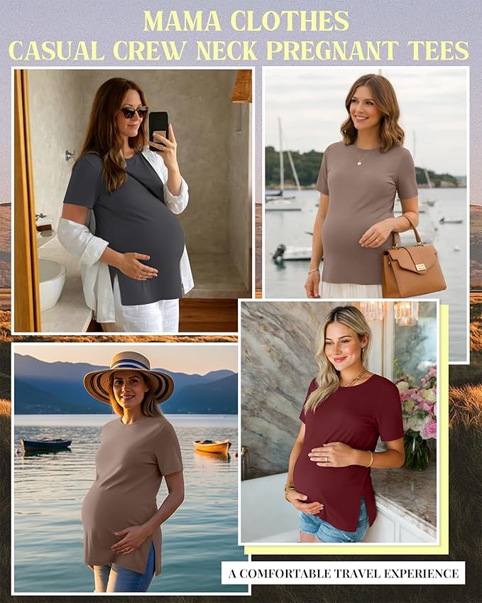 Ficerd 3 Pack Women's Maternity T Shirts, Short Sleeve Side Split Pregnancy Tops Casual Crew Neck Pregnant Tees Mama Clothes