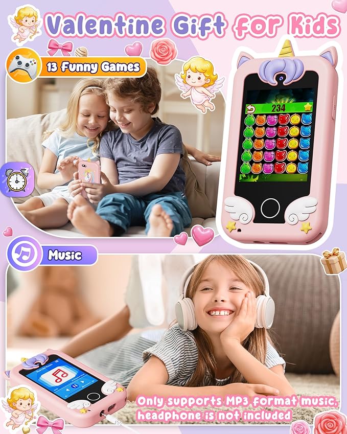 UCIDCI Unicorn Kids Smart Phone Toys for Girls Ages 3-7 with Dual Camera - Toddler Phone with Learning Games, Travel Toys with MP3 Music Player for Christmas, Birthday Gifts for 3 4 5 6 7 Year Old