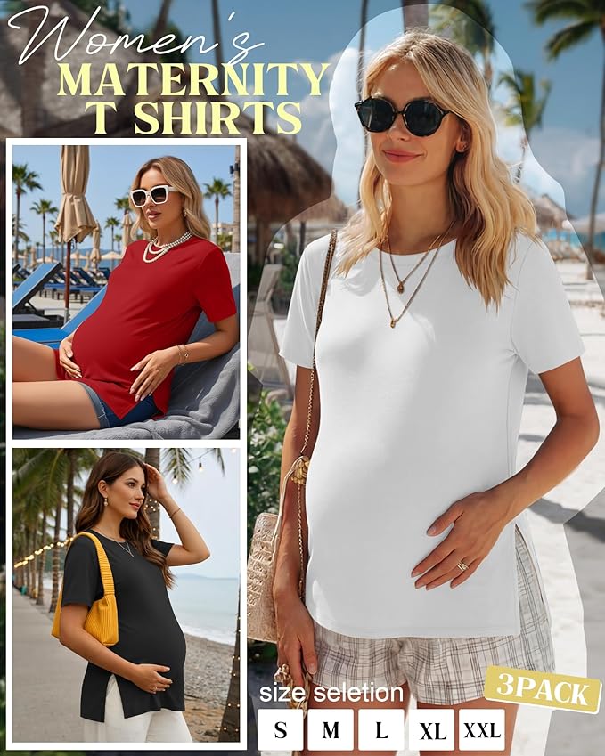 Ficerd 3 Pack Women's Maternity T Shirts, Short Sleeve Side Split Pregnancy Tops Casual Crew Neck Pregnant Tees Mama Clothes