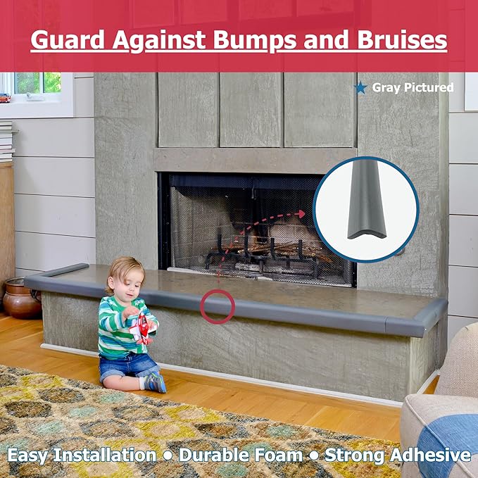 Cardinal Gates KEPK Large Hearth Pad Kit - Fireplace Baby Proofing - Adhesive Backed Fireplace Bumpers for Babies - 12.5 Feet of Padding with 3 Straight Pieces & 2 Corners - Made in The USA - Taupe