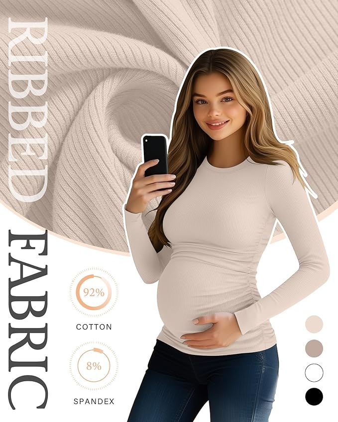Ficerd 4 Pack Women's Maternity Shirts Cotton Long Sleeve Ribbed Crew Neck Pregnancy Tops Side Ruched Casual Mama Clothes