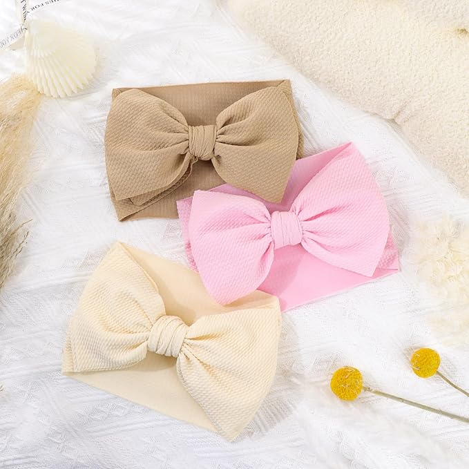YanJie 3PCS 7'' Big Bows Baby Girls Headbands Soft Stretchy Newborn Bows Infant Baby Hair Bows Toddler Headwrap Hair Accessories Khaki Beige Light Pink