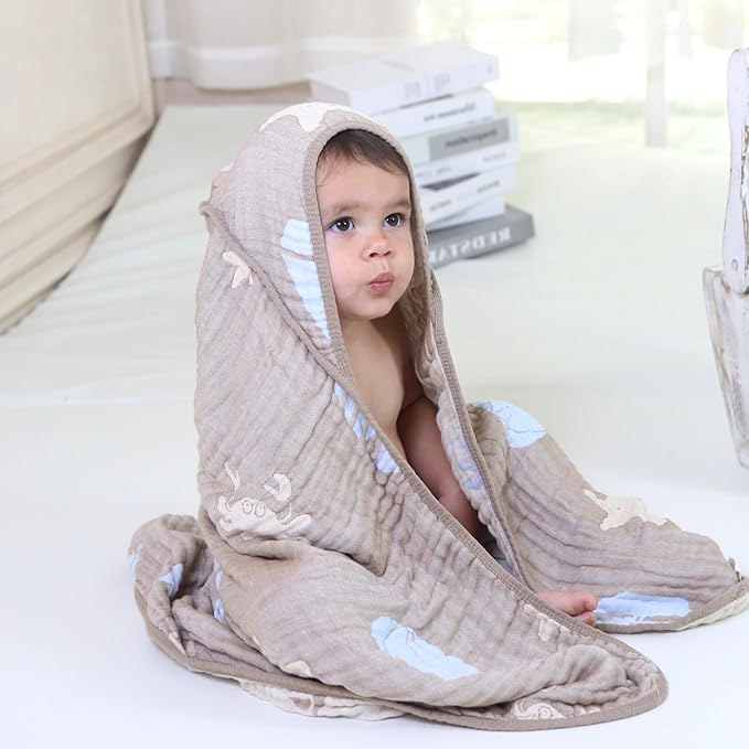 Ultra-Soft Muslin Baby Hooded Towel - 32 x 32 Inches, Ideal for Bath & Beach, Suitable for Both Boys & Girls from Newborns to Toddlers（Ocean Coffee