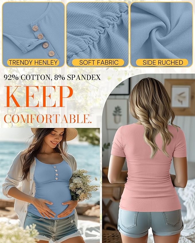 4 Pack Womens Maternity Shirts Scoop Neck Cotton Short Sleeve Ribbed Pregnancy Top Henley Side Ruched Mama Clothes