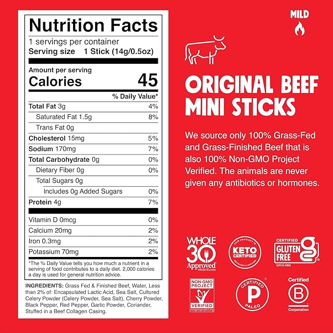 CHOMPS MINI Grass Fed Beef Jerky Meat Snack Sticks 0.5 Oz, Original Beef (Pack of 6)
