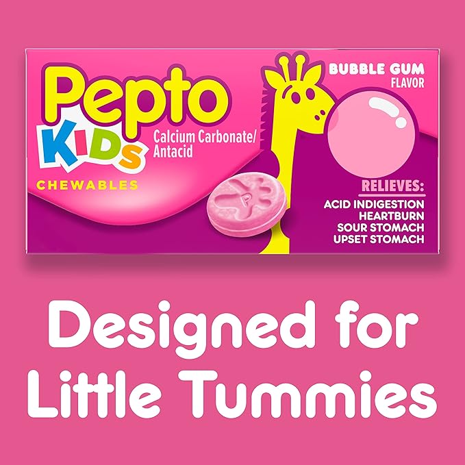 Pepto Kids Bubblegum Antacid Tablets Chewable, Upset Stomach Relief for Kids, Heartburn Relief, Acid Indigestion and Sour Stomach Relief, 72 Chewable Tablets (3x24 ct)