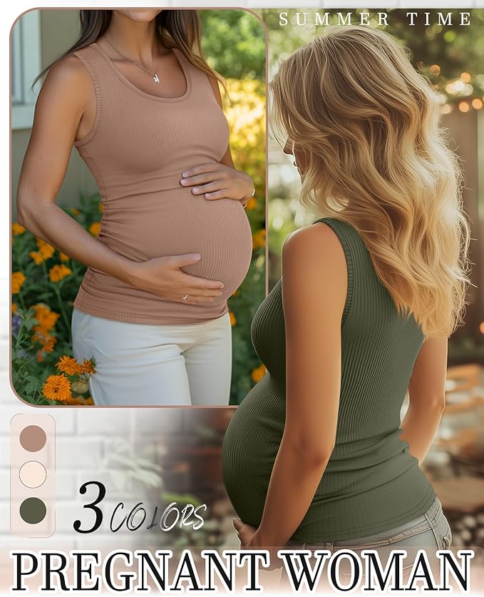 Riyiper 3 Pack Women's Maternity Tank Tops, Sleeveless Cotton Pregnancy Shirts Ribbed Knit Sides Ruched Basic Mama Clothes