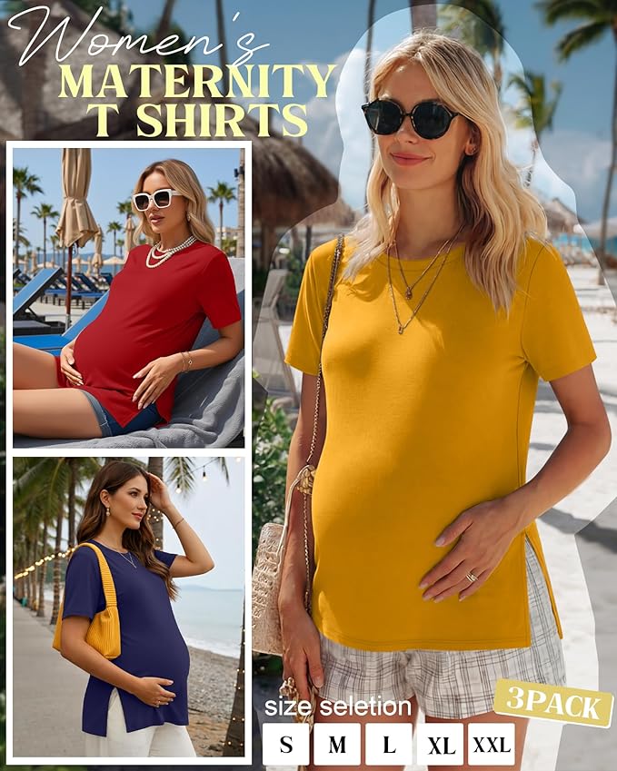 Ficerd 3 Pack Women's Maternity T Shirts, Short Sleeve Side Split Pregnancy Tops Casual Crew Neck Pregnant Tees Mama Clothes