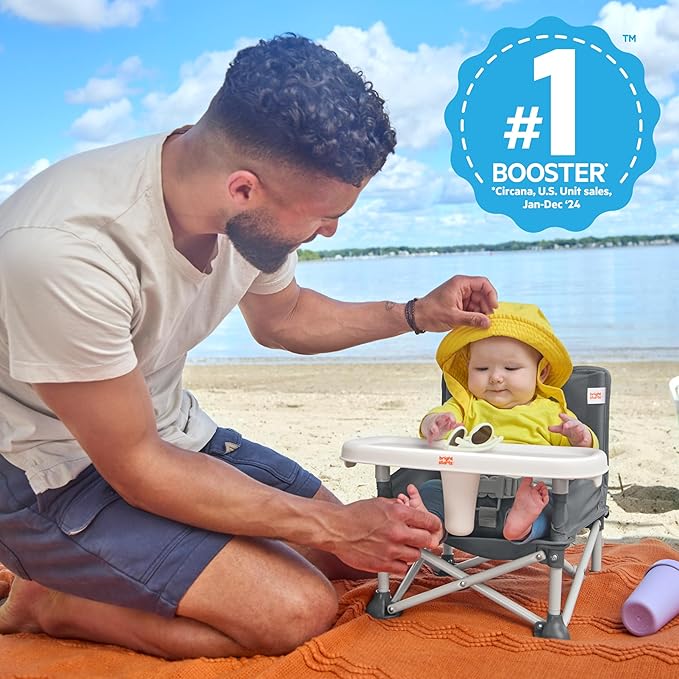 Bright Starts Pop 'N Sit Portable Booster, Indoor/Outdoor Use, Floor Seat with Feeding Tray, Grey, 6 Mos - 3 Yrs (Pack of 2)