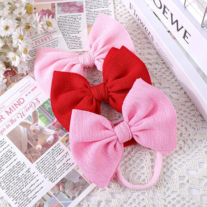 YanJie Baby Hair Bows for Girls Red Pink Newborn Headband Baby Pink Girls Bows Soft Nylon Hair Accessories Infant Toddler 3pcs/pack