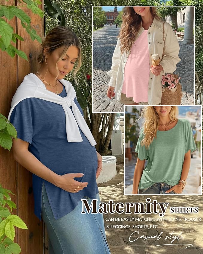 Riyiper 3 Pack Women's Maternity Tunic Shirts Cotton Summer Pregnancy Clothes Loose Oversized Split Side Blouse Tops