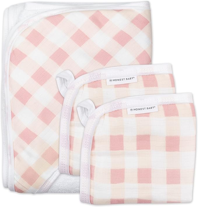 HonestBaby 3-Piece Organic Cotton Hooded Towel & Washcloth Set, Peach Skin Painted Buffalo Check, One Size
