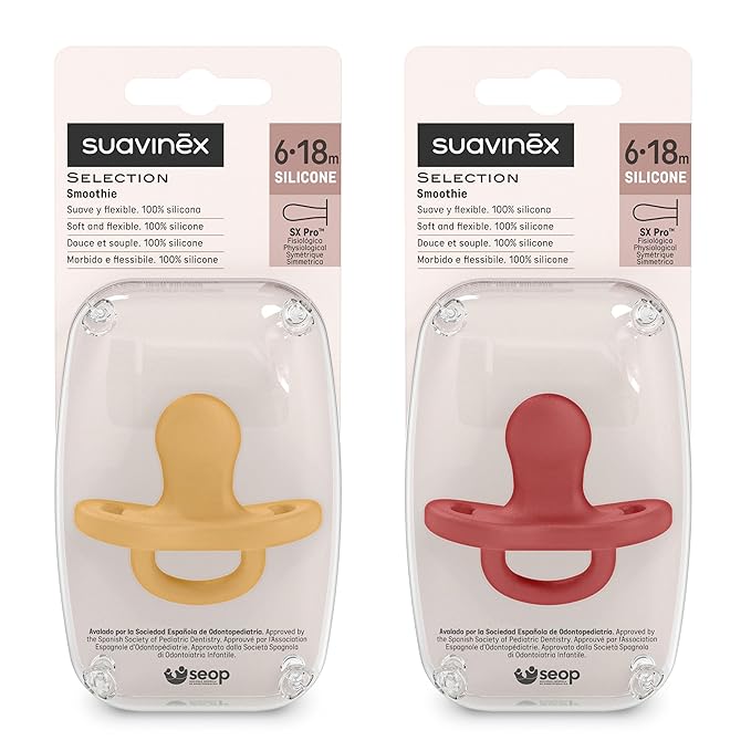 Color Essence SX PRO Silicone Baby Pacifier 2Pk, Made with 100% Soft Silicone, Baby Essentials Perfect for Breastfeeding Babies, Designed in Spain, 6-18 Mths, Honey/Chili