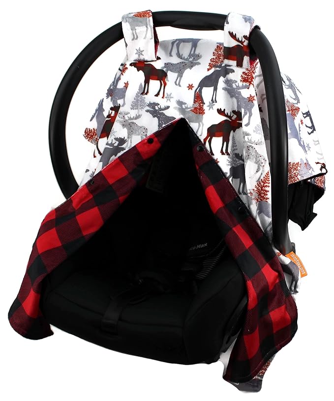 Dear Baby Gear Car Seat Canopy - Unisex Infant Car Seat Cover - Soft and Breathable Fabric - Fits Most Carseats - Winter Moose/Red Black Plaid - 40"x30"