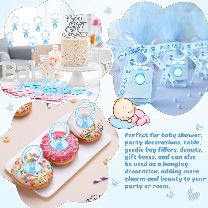 74 Pieces Baby Shower Pacifiers 24 Necklace Acrylic Plastic Pacifiers Baby Shower Game 50 Mini Plastic Charm Bulk for Party Decorations Games Table Scatter(Blue)