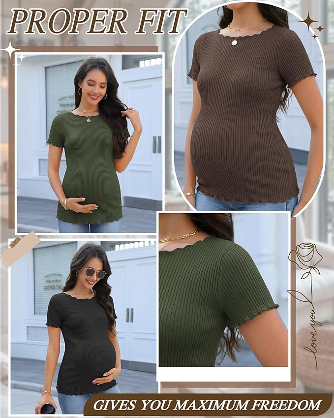 3 Pack Women's Maternity Ribbed Shirts Cotton Short Sleeve Pregnancy Tops Boat Neck Lettuce Trim Mama Clothes