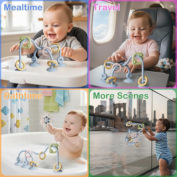 Baby Montessori Toy, High Chair Suction Cup Toy and Teething Toy Set - Table Toy & Pop-it Fidget Teether for 6+ Months 1 2 3 Years, BPA Free Silicone Sensory Toys for Baby and Toddler (SkyBlue)