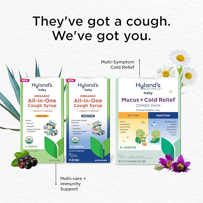 Hyland's Baby Organic All in One Nighttime Cough Syrup + Immune Support with Elderberry, Vitamin C, Zinc & Chamomile, 4 Fl Oz