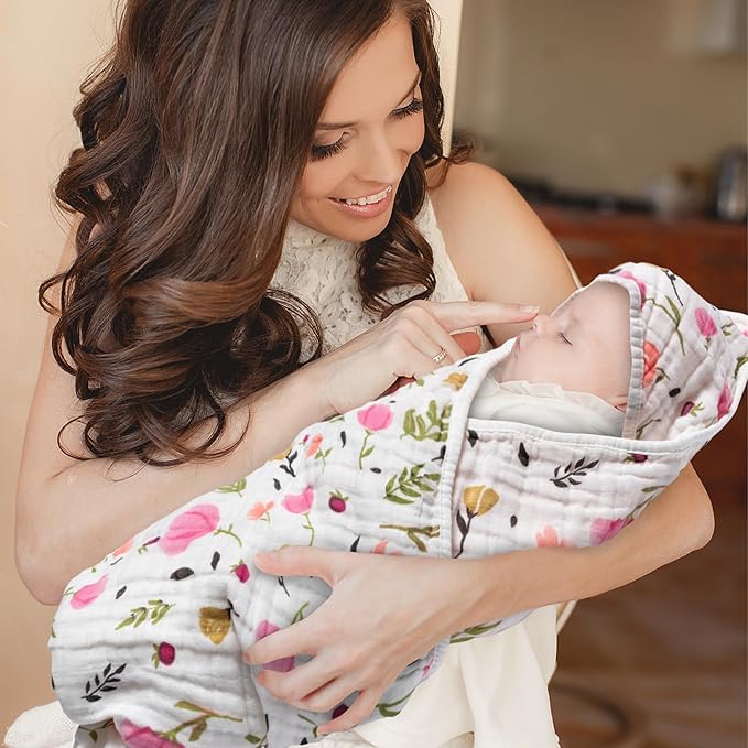 Zainpe 4Pcs Muslin Baby Hooded Towel & Washcloth Set Pink Flowers Pattern Soft Absorbent Cotton Bath Hood Towels for Newborn Toddlers Essentials Boys Girls Infant Shower Gift 31.5 x 31.5 in