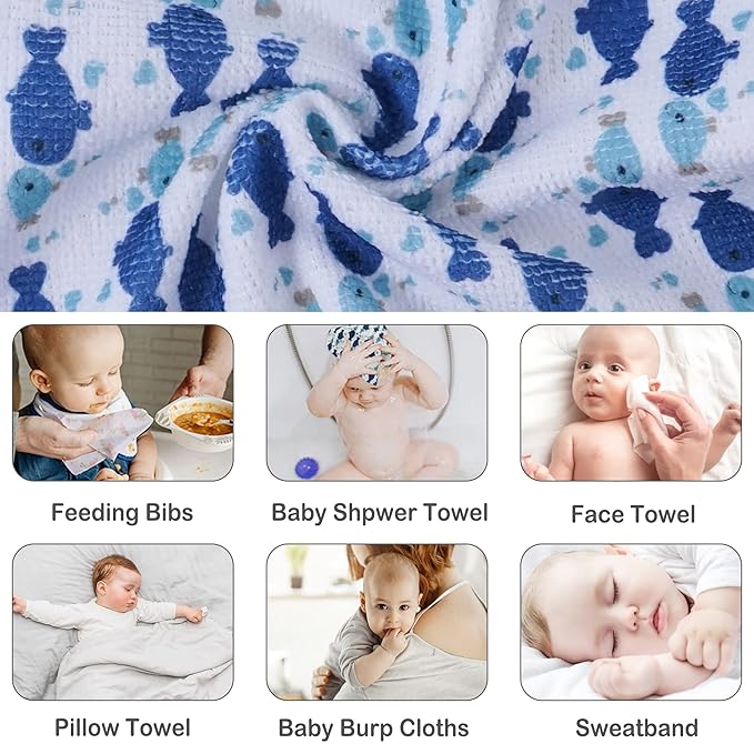 Viviland Baby Washcloths, Super Soft Baby Bath Towels for Newborn 24 Pack, Absorbent Face & Body Wash Cloth for Baby Boy, Blue-Whale Pattern, 9 x 9 inch