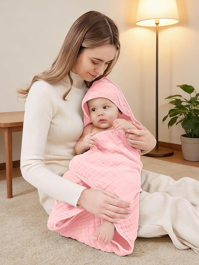 Muslin Hooded Baby Bath Towels - 3 Pack 100% Cotton Ultra-Soft Towels for Newborns, Infants, Toddlers - 32x32 Inch - Highly Absorbent, Quick-Dry Essentials for Bath Time, Beach, Pool, Pink Series