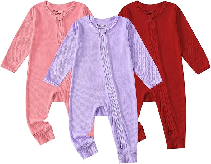 Jimonda Ribbed Rayon From Bamboo Baby Boys/Girls Sleepers, 2-Way Zipper Long Sleeve Footless Pajamas With Mittens Soft Pjs