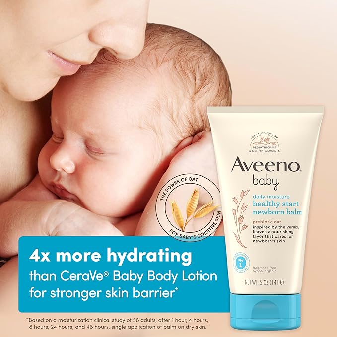 Aveeno Baby Healthy Start Nourishing Newborn Balm, Hypoallergenic Baby Skin Balm with Prebiotic Oat Leaves a Nourishing Layer to Care for Newborn Skin, Fragrance-Free, 5 oz